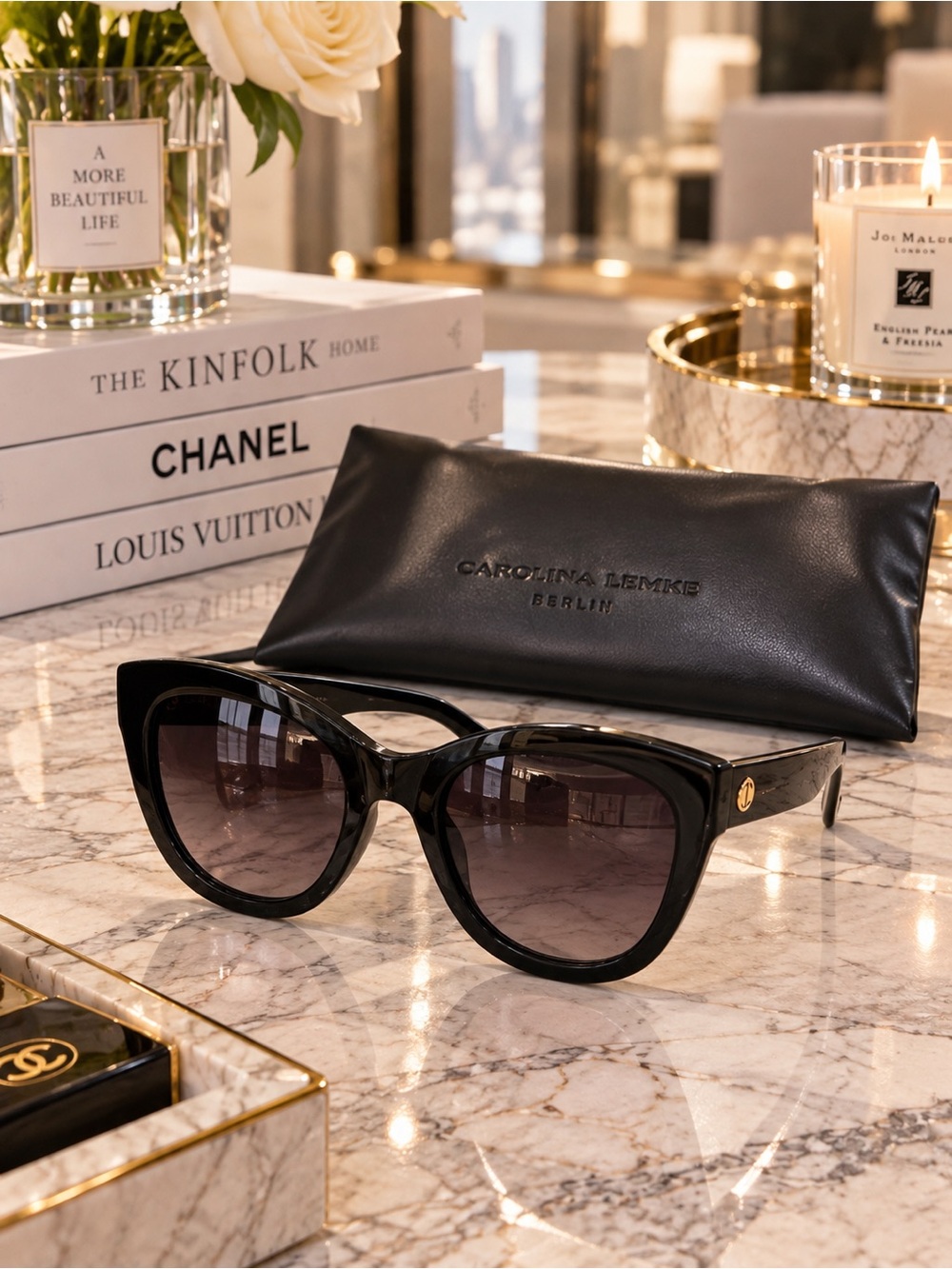 Carolina Lemke CL9050-1 Black Cat Eye Sunglasses NWT + Case